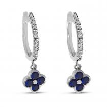 14K White Gold Sapphire Clover Drop Diamond Huggies