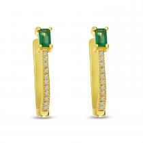 14K Yellow Gold Emerald Cut Emerald with Diamond Rectangle Hoop Earrings