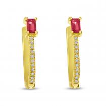 14K Yellow Gold Emerald Cut Ruby with Diamond Rectangle Hoop Earrings