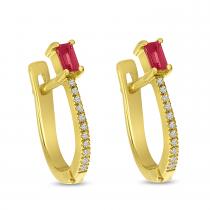 14K Yellow Gold Emerald Cut Ruby with Diamond Rectangle Hoop Earrings