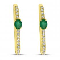 14K Yellow Gold Emerald and Diamond Oval Hoop Earrings