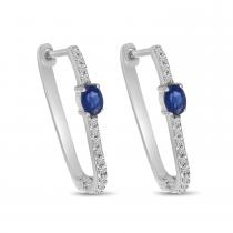 14K White Gold Oval Sapphire with Diamond Oval Hoop Earrings