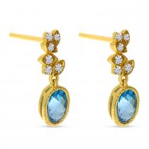 14K Yellow Gold Oval Blue Topaz Drop Diamond Post Earrings