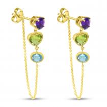 14K Yellow Gold Round & Heart Multi Drop Amethyst, Peridot and Blue Topaz Chain Earrings