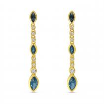 14K Yellow Gold Marquise Blue Topaz and Diamond Semi Precious Drop Earrings