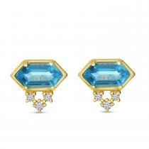 14K Yellow Gold Hexagon Blue Topaz and Diamond Stud Earrings