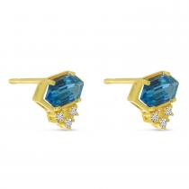 14K Yellow Gold Hexagon Blue Topaz and Diamond Stud Earrings