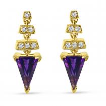 14K Yellow Gold Trillion Amethyst and Diamond Drop Earrings