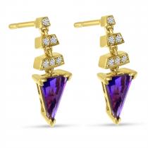 14K Yellow Gold Trillion Amethyst and Diamond Drop Earrings