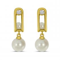 14K Yellow Gold Diamond and Elongated Pearl Earrings