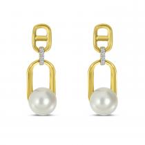 14K Yellow Gold Diamond and Pearl Link Earrings