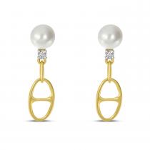 14K Yellow Gold Pearl and Diamond Link Earrings