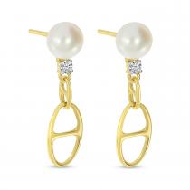 14K Yellow Gold Pearl and Diamond Link Earrings