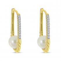 14K Yellow Gold Diamond and Pearl Twisted Elongated Hoop Earrings