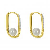 14K Yellow Gold Diamond and Pearl Twisted Elongated Hoop Earrings