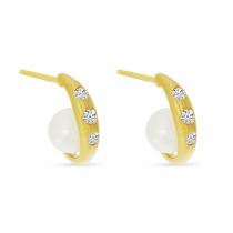 14K Yellow Gold Brushed Diamond and Pearl Huggie Earrings