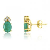 14K Yellow Gold Oval Emerald and Diamond Earrings