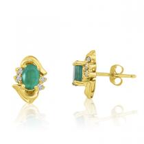 14K Yellow Gold Oval Emerald and Diamond Earrings