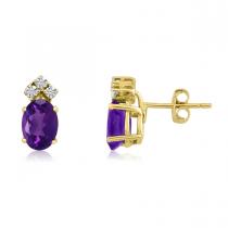 14K Yellow Gold Oval Amethyst and Diamond Earrings