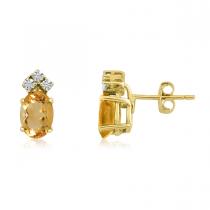 14K Yellow Gold Oval Citrine and Diamond Earrings