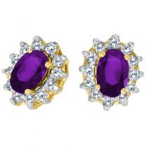 14K Yellow Gold Oval Amethyst and Diamond Earrings