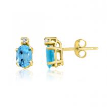 14K Yellow Gold Oval Blue Topaz & Diamond Earrings