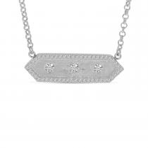 14K White Gold Diamond Halo Brushed Hexagon Bar Necklace