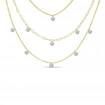 14K Yellow Gold Triple Strand Dashing Diamonds Multi-Chain Necklace