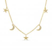 14K Yellow Gold Moon and Stars Diamond Necklace