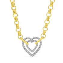 14K Two Tone Gold Double Diamond Heart on Heavy Yellow Gold Rolo Chain Necklace