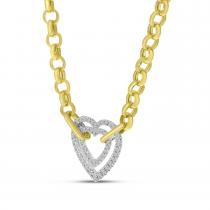 14K Two Tone Gold Double Diamond Heart on Heavy Yellow Gold Rolo Chain Necklace