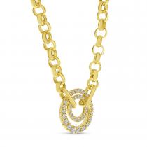 14K Yellow Gold Diamond Double Circle Heavy Rolo Chain Necklace