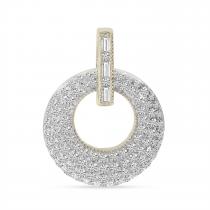 14K White Gold Round and Baguette Pave Diamond Circle Pendant