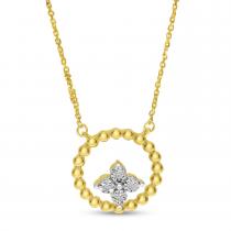 14K Yellow Gold Beaded Circle Diamond Cluster Necklace