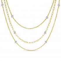 14K Yellow Gold Triple Strand Double Pierced Dashing Diamonds Multi-Chain Necklace