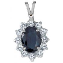 14K White Gold 8x6 Oval Sapphire and Diamond Pendant