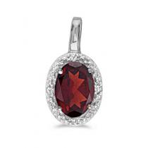 10K White Gold Oval Garnet and Diamond Birthstone Pendant