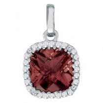 14K White Gold 7mm Cushion Garnet and Diamond Pendant