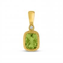 14K Yellow Gold Cushion Peridot and Diamond Millgrain Pendant