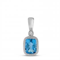 14K White Gold Cushion Blue Topaz and Diamond Millgrain Pendant