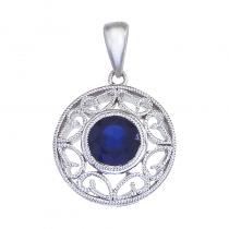 14K White Gold 6 mm Round Sapphire Filigree Pendant