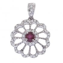 14K White Gold Diamond and Precious Ruby Round Flower Pendant