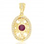 14K Yellow Gold Precious Round Ruby and Diamond Oval Filigree Pendant