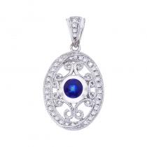 14k White Gold Precious Sapphire and Diamond Filigree Pendant