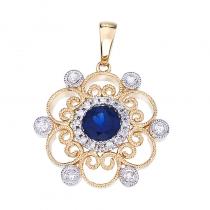 14K Two Tone White and Yellow Gold Precious Round Sapphire and Diamond Filigree