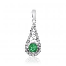 14K White Gold Precious Emerald and Diamond Drop Pendant