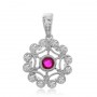 14K White Gold 3.5 mm Precious Ruby and Diamond Round Filigree Pendant