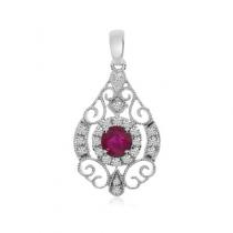 14K White Gold 3.25 mm Round Ruby and Diamond Precious Teardrop Fashion Pendant