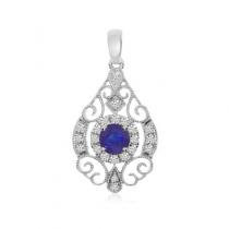 14K White Gold 3.25 mm Round Sapphire and Diamond Teardrop Fashion Pendant