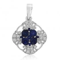 14K White Gold Round Sapphire and Diamond Filigree Precious Pendant